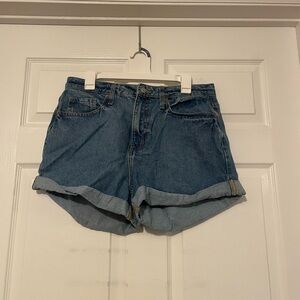 High-Waisted Denim Cuffed Shorts with Sewed Writing on Back Pocket